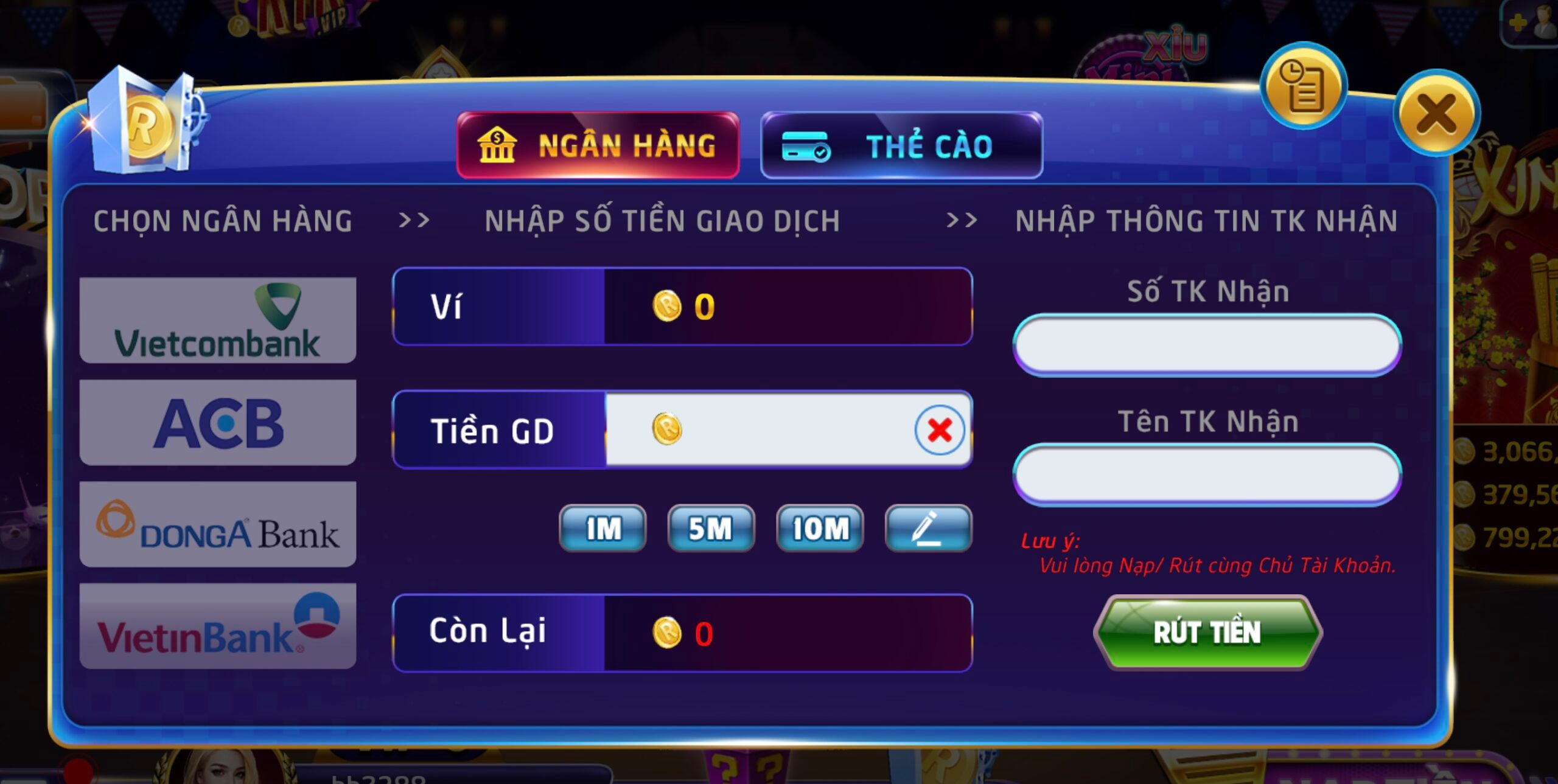 Nạp, rút tiền tại game bài Rikvip