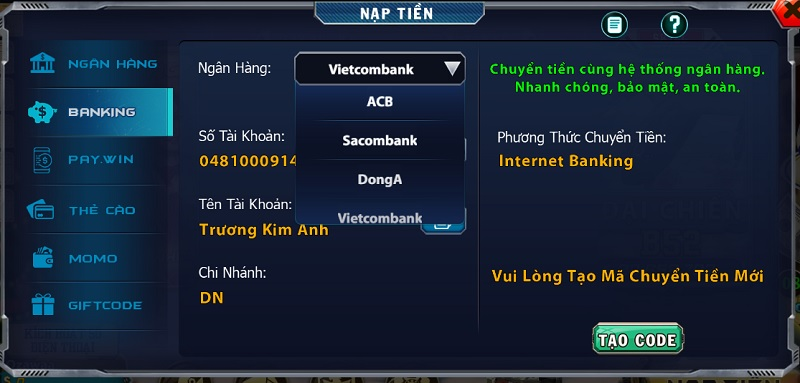 Nạp tiền qua ngân hàng tại cổng game B52