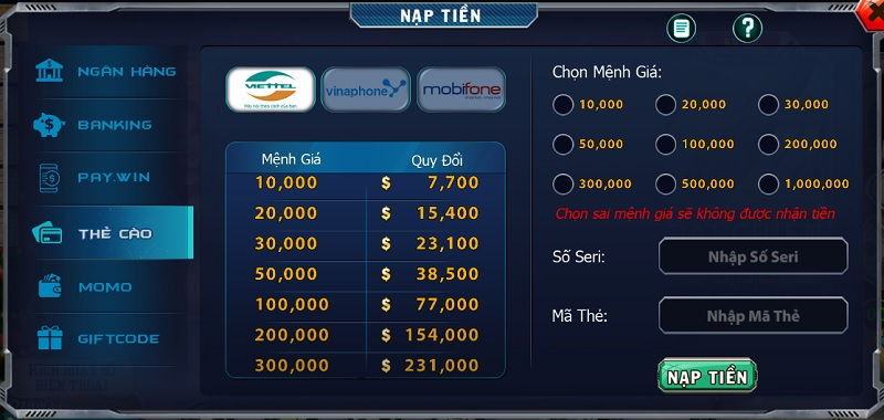 Nạp tiền qua thẻ cào tại B52