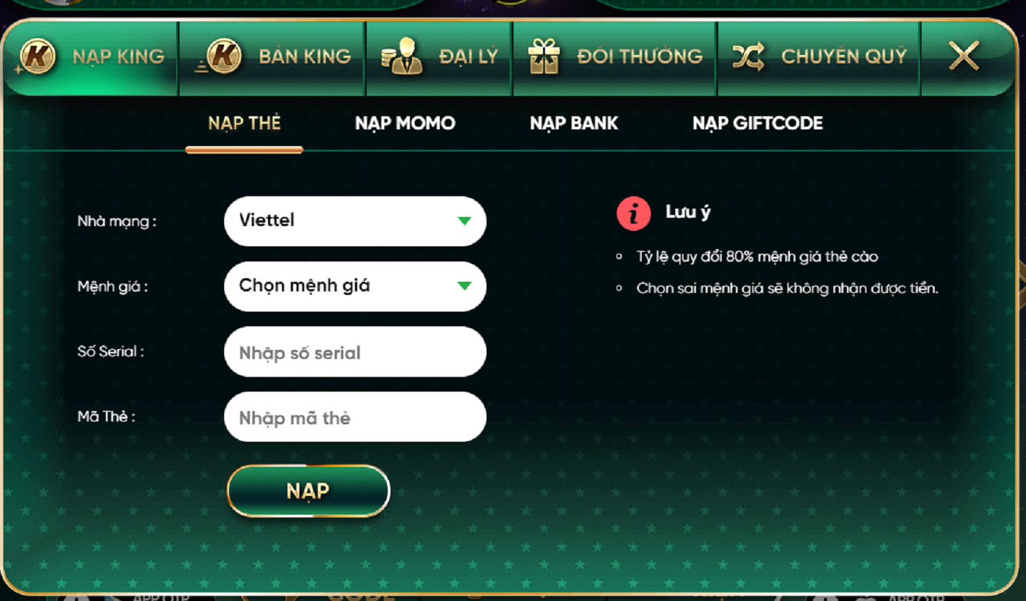 Nạp tiền trong Kingfun